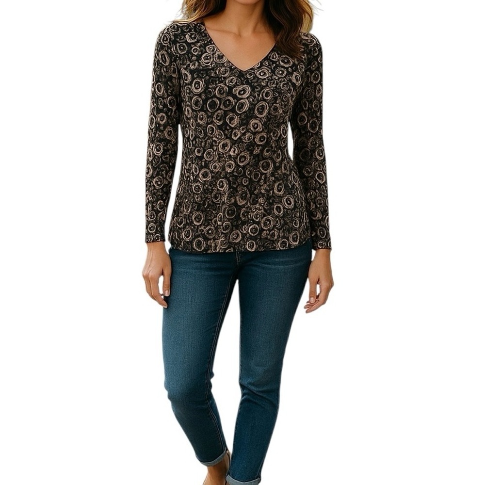 Chico’s Travelers Artsy Print‎ Neutral Color Comfy Lightweight Top Women Size L